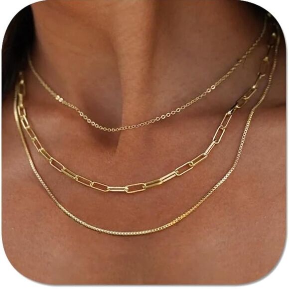 Gold 14k Gold Plated 3pc Papperclip Chain Necklace Set - Picture 1 of 2